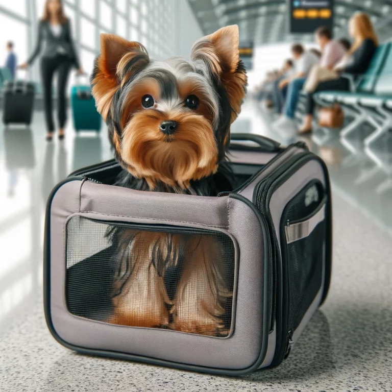 yorkie in a carrier